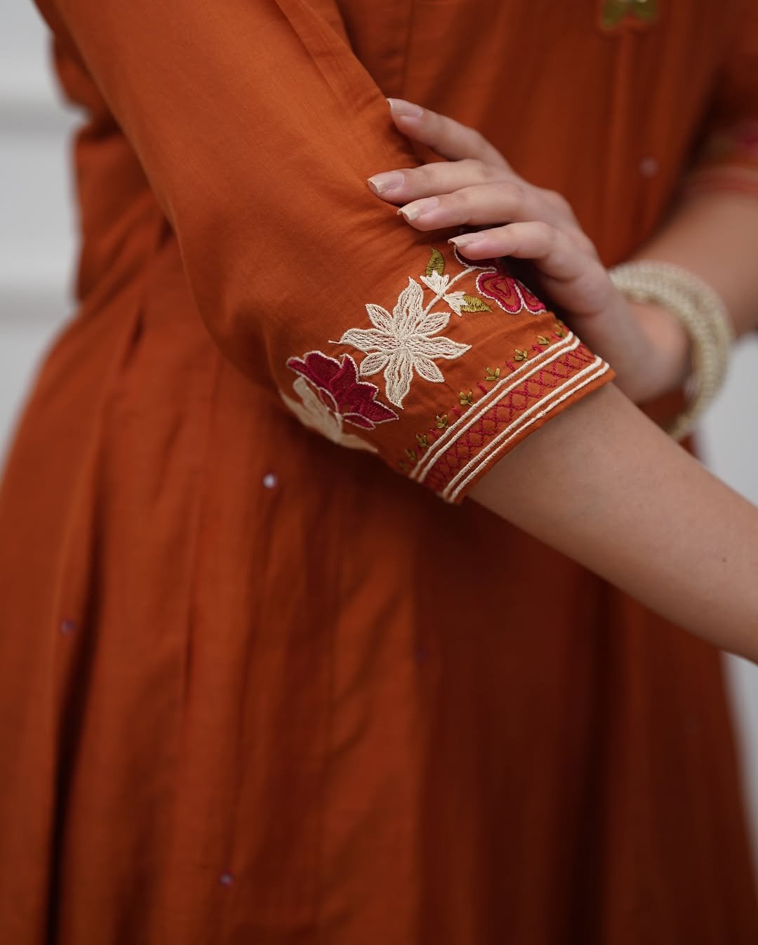 Orange Cotton Anarkali Suit Set with Mirror Work